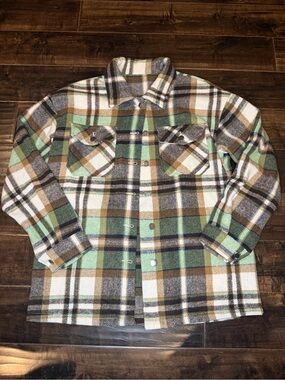 Unbranded Plaid Shacket Jacket Green Brown Cream Fleece Snap Button Size Small